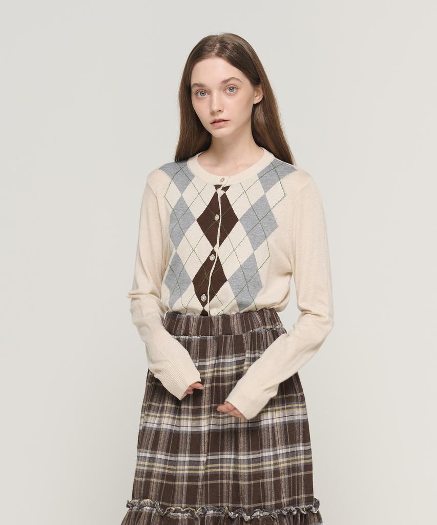 Cargobros For Woman Argyle Check Knit Cardigan (Beige)