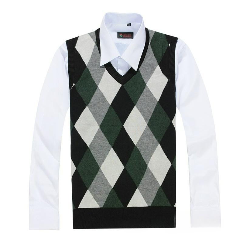 Vår och Höst Herr Ullväst Färgstickning V-hals Herr Klassisk Affärsväst Diamant College Stil Väst