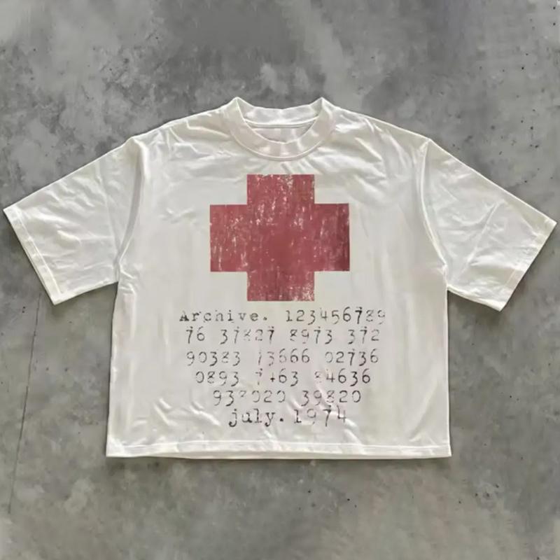 New Streetwear Retro Red Cross Graphic TShirt Unisex Crew Neck Shortsleeved Retro YK Hip Hop Casual Fashion Tops Clothing Tee