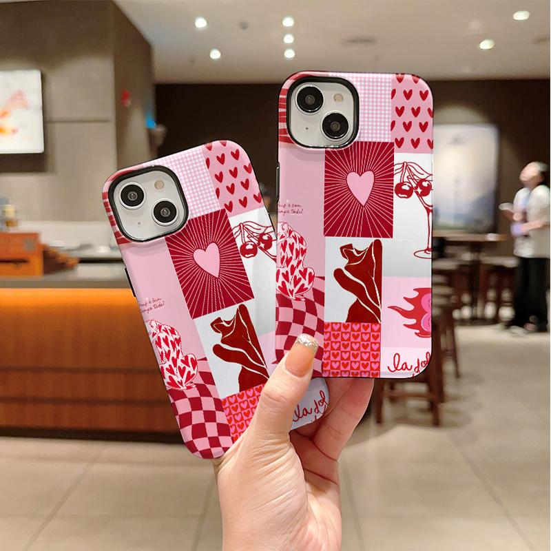 Pink Red Heart Cherry Checkered Collage Print Soft Silicone Phone Case Valentine Retro Shockproof Cover For iPhone 17 16 15 14 13 12 11 Pro Max