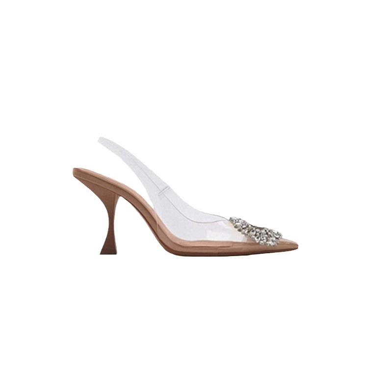 2024 summer new women's shoes transparent rhinestone temperament fairy crystal muller shoes high heels pointed sandals women
