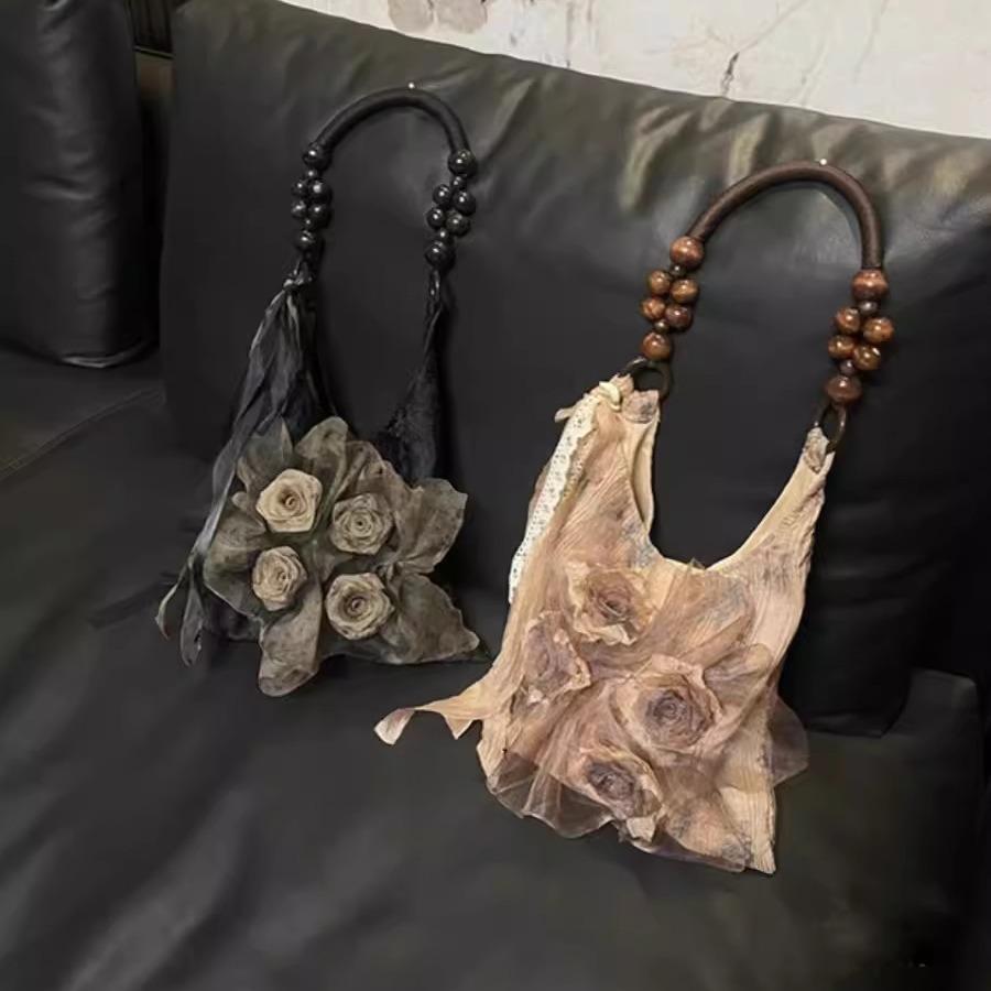 Chinese Style, Wood and Grass Dyeing, Rose Blossom Bag, Pleated Design, Underarm Commuting Bag, Large Capacity, Tote Bag, Single Shoulder Handbag