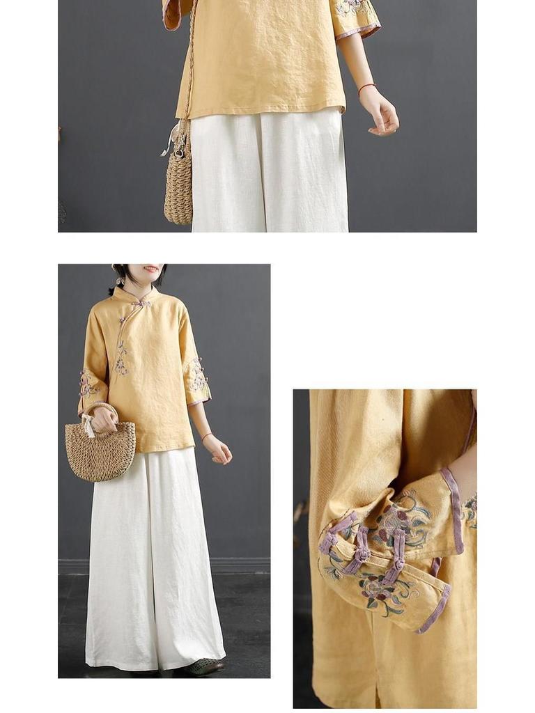 2024 Retro Chinese-Style Embroidered Cotton Linen Shirt - Women's Spring/Summer Stand-up Collar Top