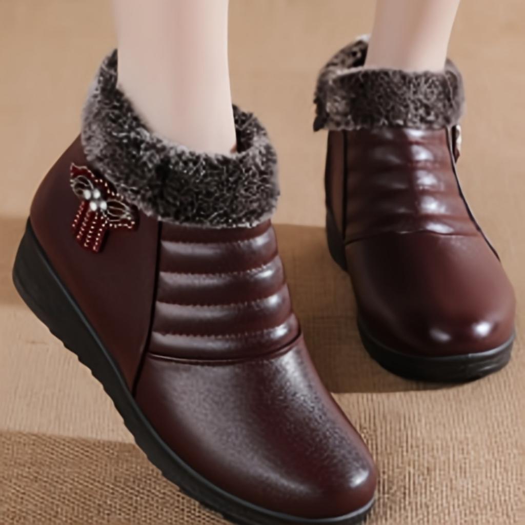 Women's Winter Warm Plush Short Boots, Anti Slip Soft Bottom Side Zipper Design, Red Bow Details, Minimalist Style | Winter Casual Boots