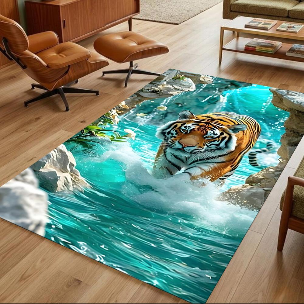 Tiger In Waterfall Realm Non-Slip Home Carpet Design for Office Decor Living Room Gift
