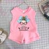 Girls Cotton Cartoon Print Tank Top And Shorts Set Fashionable Summer Two Piece Outfit For Kids