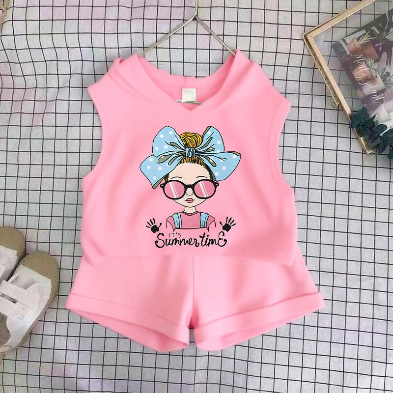 Girls Cotton Cartoon Print Tank Top And Shorts Set Fashionable Summer Two Piece Outfit For Kids