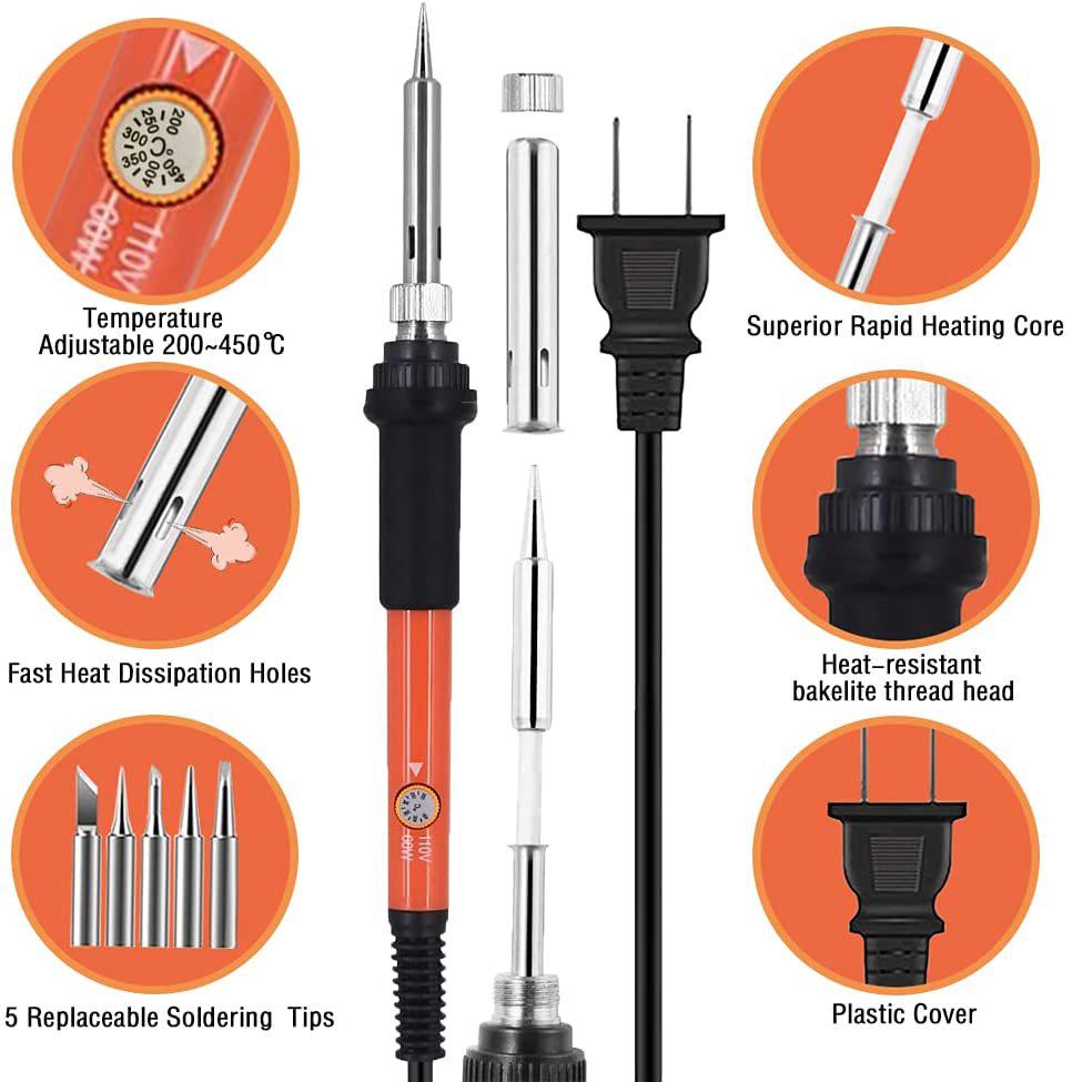 60W Adjustable Soldering Iron Kit with Stand, Solder Wire, and 5 Tips