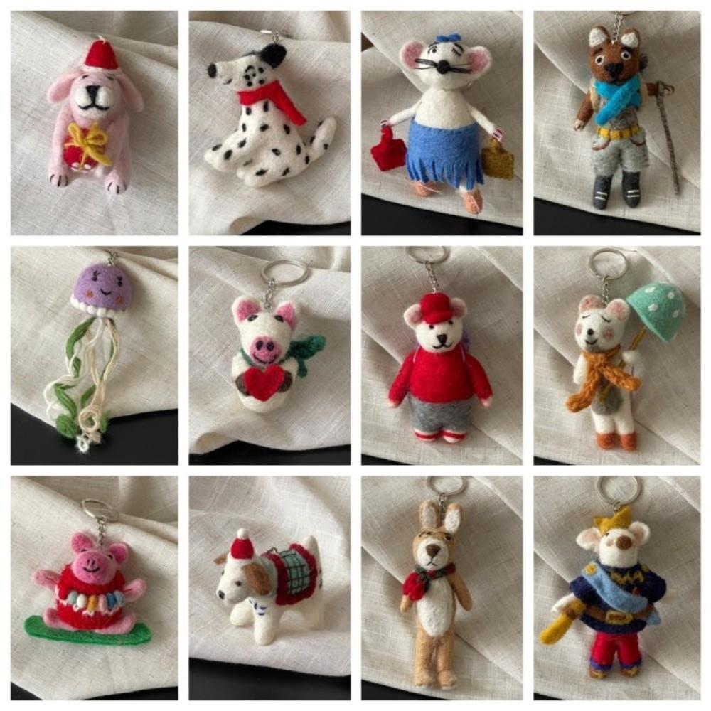 Mushroom Umbrella Wool Felt Animal Pendant Mountain Climbing Bear Fairy Tale Style Keychain  Couple