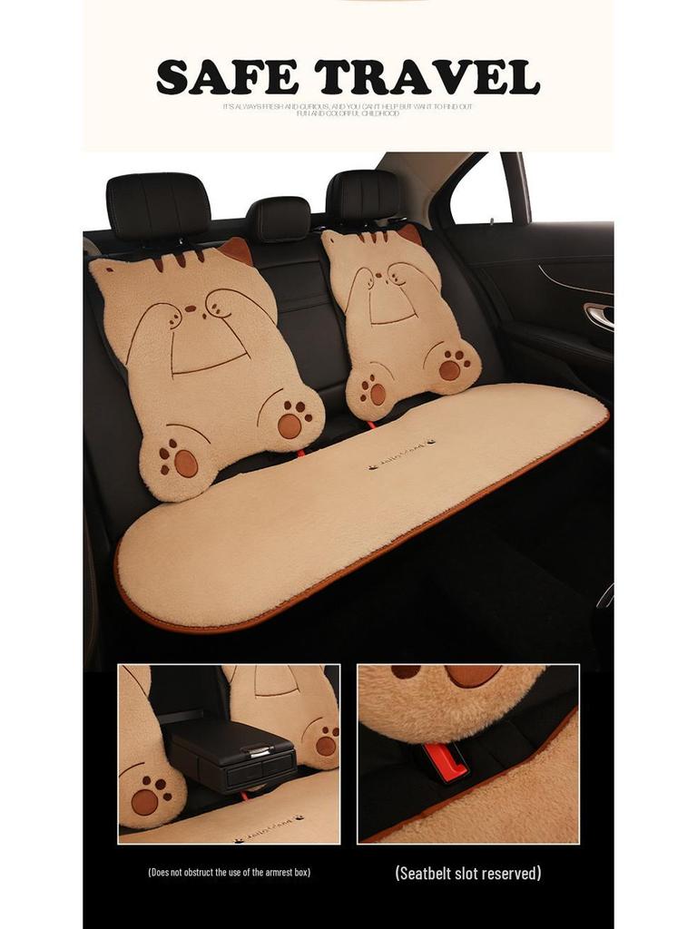 Universal Shy Cat Plush Winter Car Seat Cushion - Non-Shedding, Cartoon Design for Five Seats