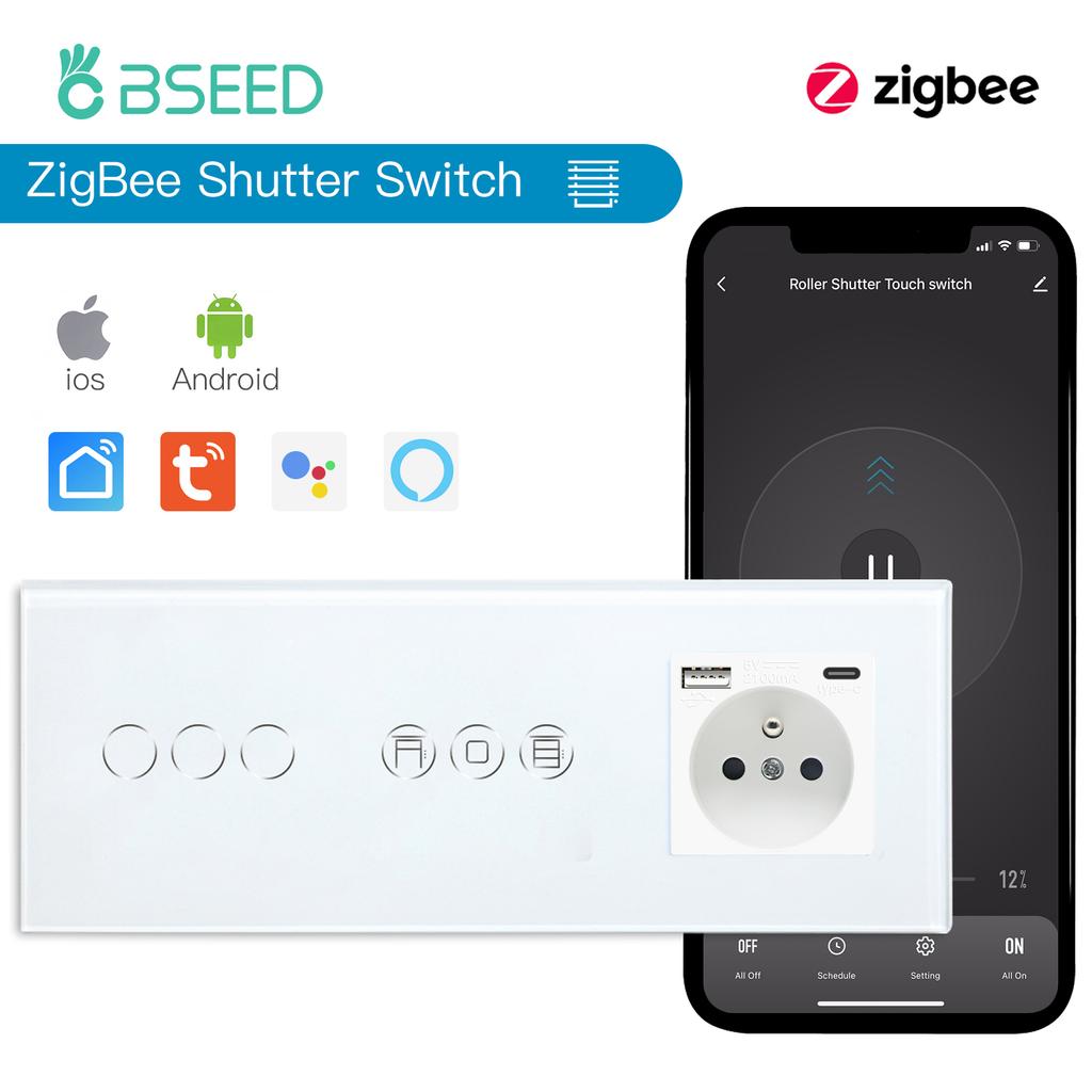BSEED Zigbee Smart Roller Shutter Switches Light Blinds Switch Tuya Smart Life Plus French Wall Sockets USB Type-c Glass Panel