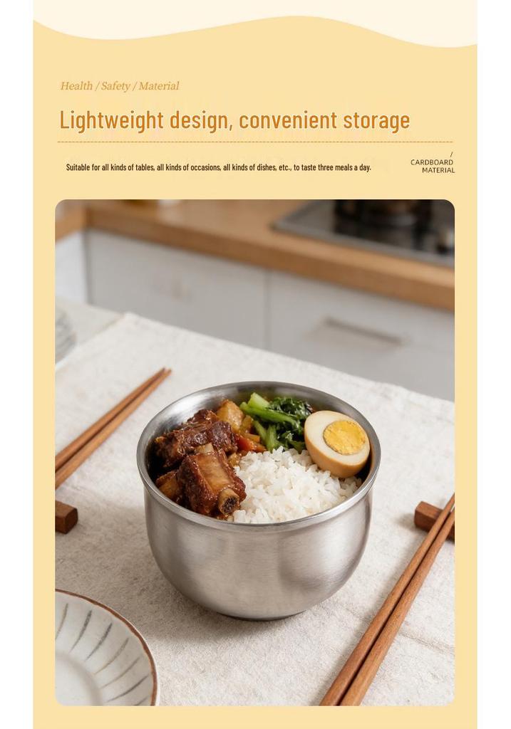 304 Stainless Steel Double-Layer Insulated Anti-Scald Rice Bowl with Spoon for Kids and Home Use