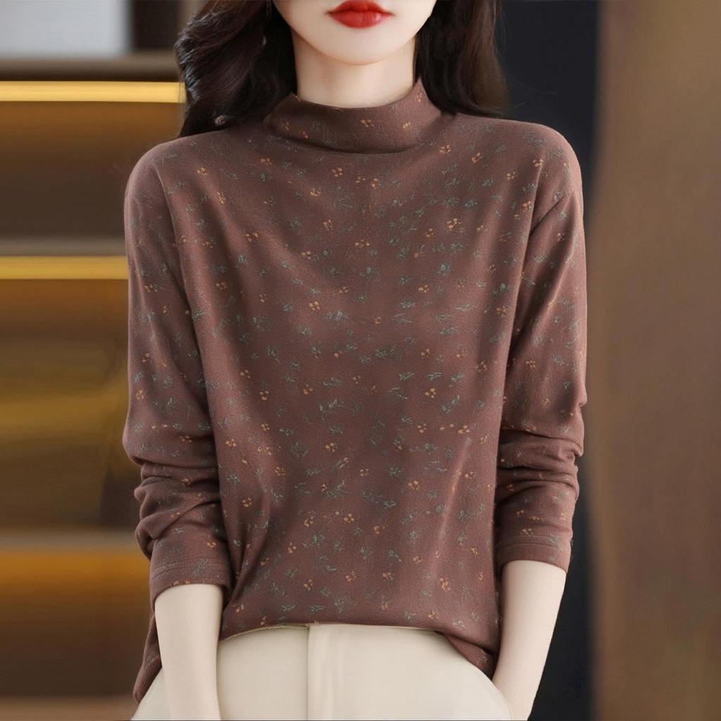 Women's Fashion Long Sleeve Double-Sided Velvet Floral Print Base Layer Shirt Half High Neck Warm T-Shirt Top