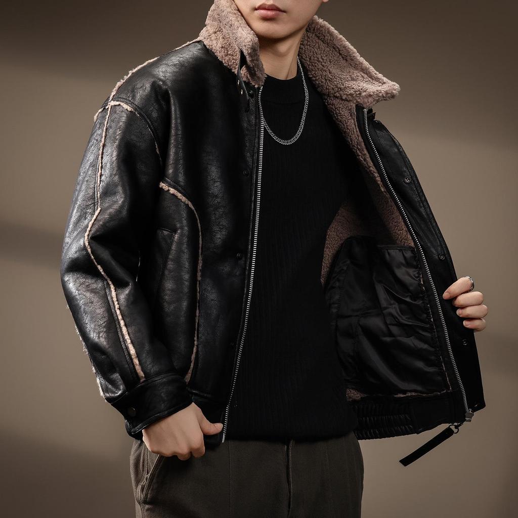 Herren Retro Leder & Pelz Baumwolljacke - Warm, Lässig, Locker geschnitten Winter Oberbekleidung