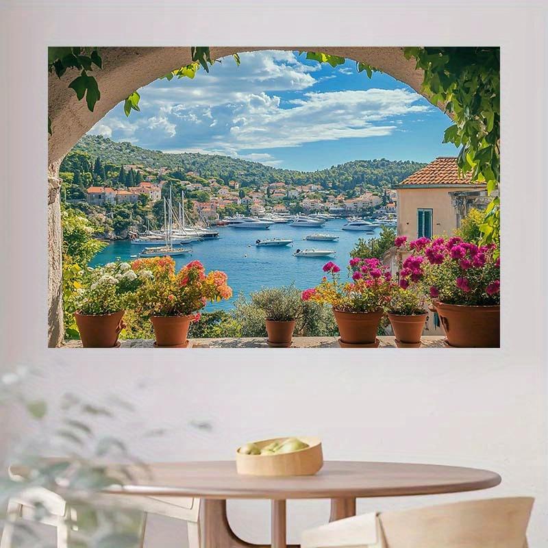 1 Mediterranean Terrace Background with Sea View Boats Flowers and Village House Beach Theme Decoration
