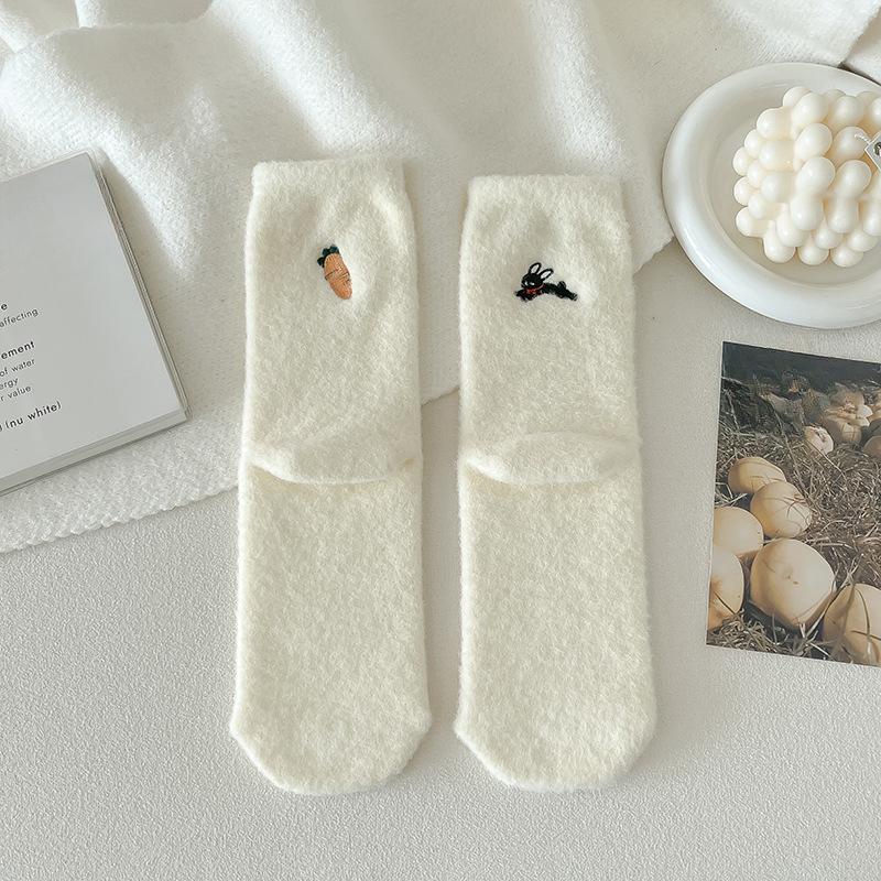 Australian Fleece Women's Mid-calf Socks, Thickened and Fleece Warm Sleep Socks, Cute Embroidered Postpartum Socks, Winter Long Socks
