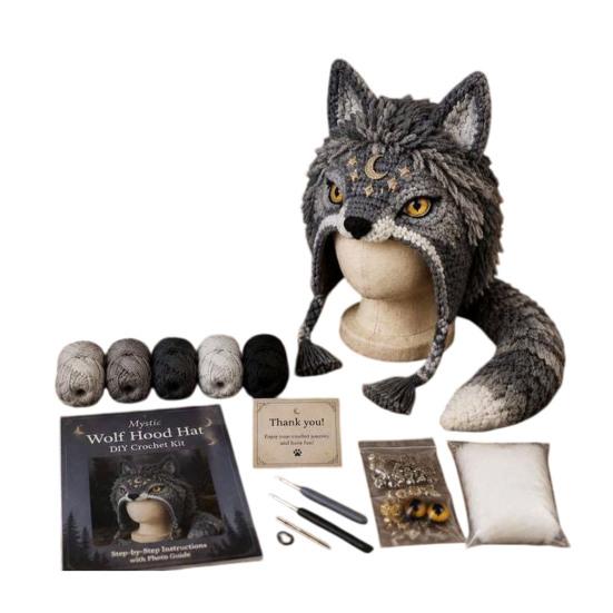 Crochet Starter Kit Fantasy Hood Kit, Cute Animal Hat DIY Dragon Unicorn Creative Gift for Crafters Skull Earflap Craft Adults, Handmade Halloween