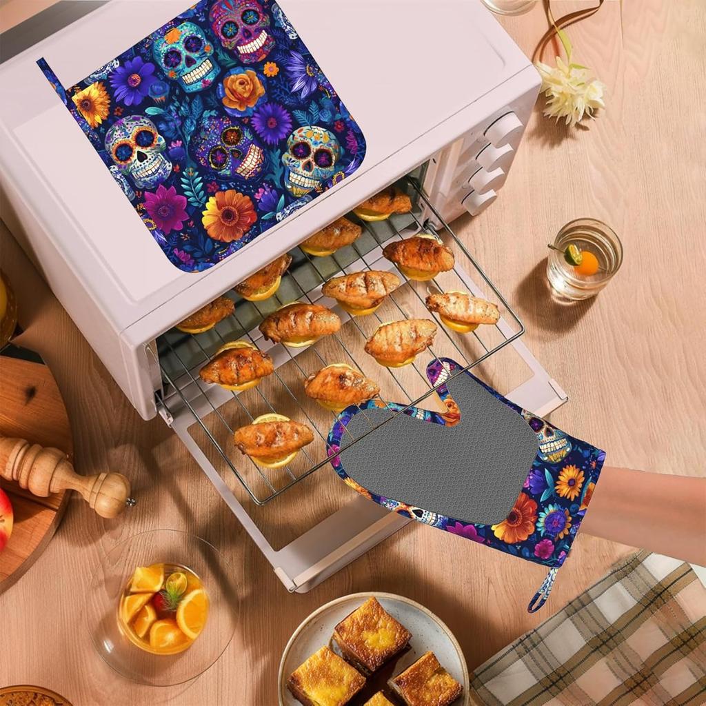 Day of The Dead Oven Mitt and Pot Holder with Silicone Heat Resistant Kitchen for Cooking BBQ Baking Grilling Cooking Protection