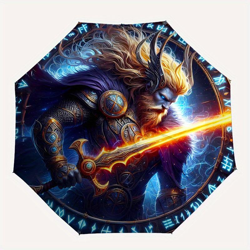 Viking Warrior with Sword Circular Art PrintUmbrella, Portable 3-Fold Compact Umbrella for Men & Women Gift