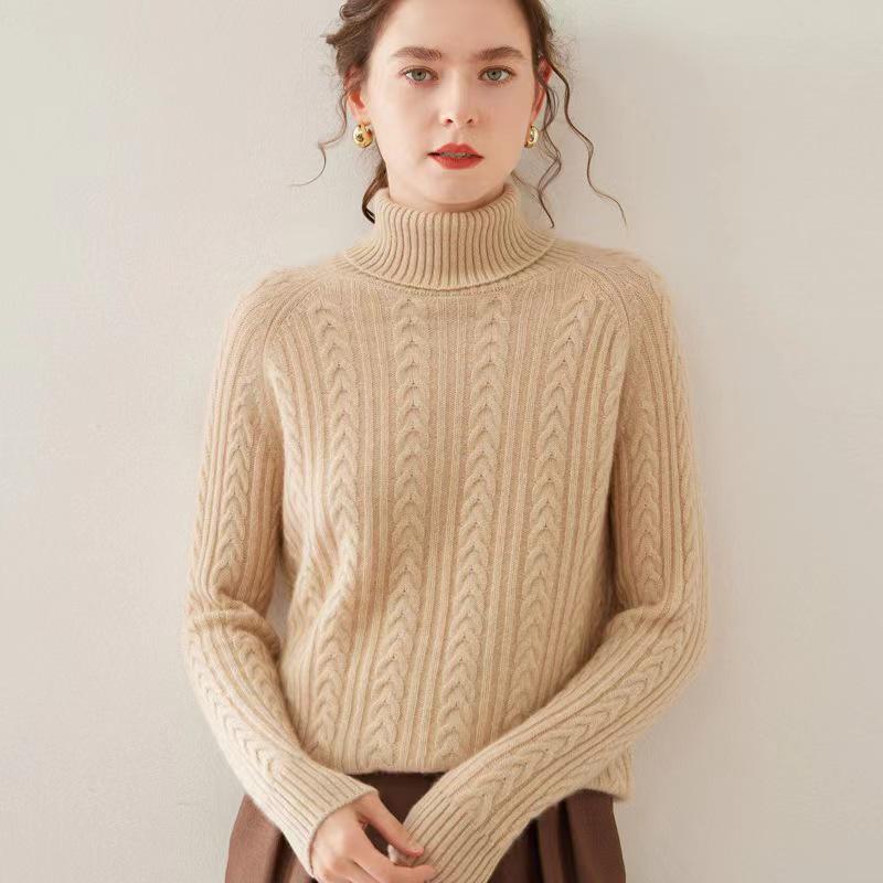 Women's High Neck Wool Cable Knit Sweater - Thick, Solid Color Base Layer, Warm Cashmere Knitwear for Autumn and Winter.