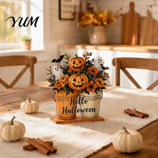 Decorative Tabletop Figurines 6Pcs Halloween Decors, Hello Table Topper Signs, Spooky Pumpkin Ghost Truck Entrance Hall Ornaments Tiered Tray