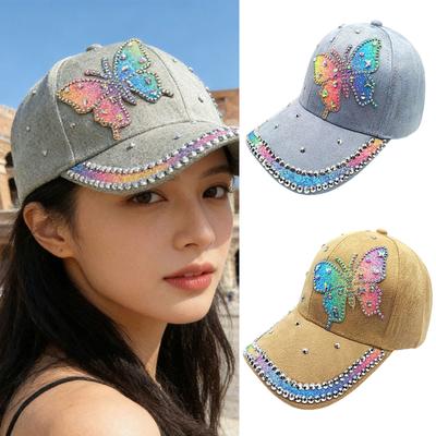 Stylish Baseball Cap With Rhinestones Butterfly Design Breathable Polyester Unisex Sun Hat For Women Daily Wear Travel