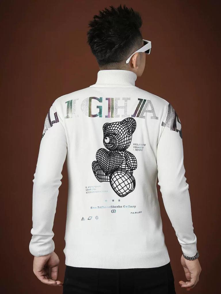 European Trendy Brand Men's Long-Sleeved Knitwear 2025 Autumn and Winter New Style Bear Print Turtleneck Sweater Men's Top