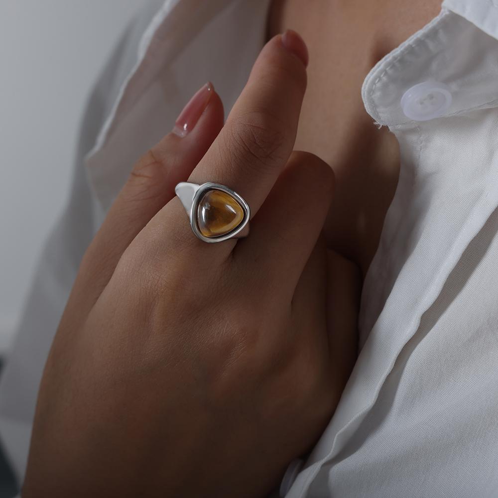 Vintage Edelstahl Tigerauge Stein Ring für Damen Türkisch Handgefertigt Einfacher Statement Ring Retro