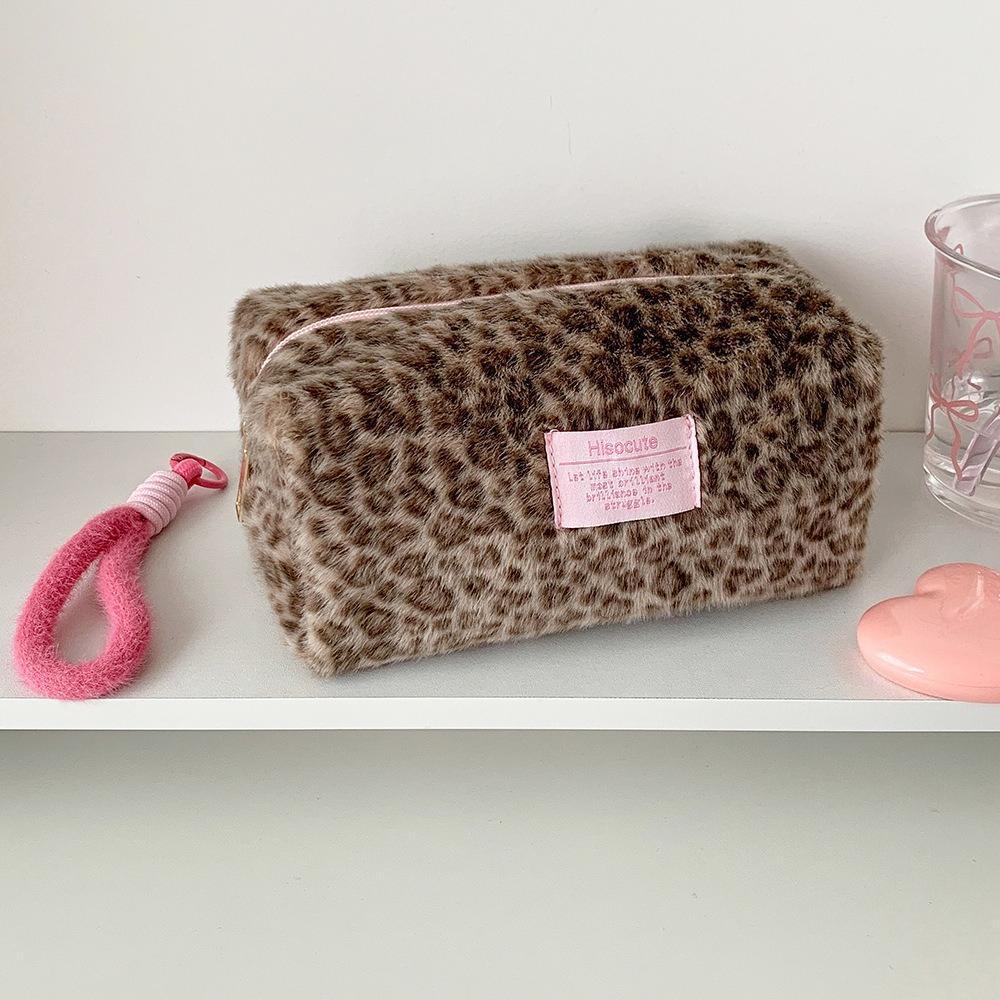 Plush Pink Color Leopard Print Schoolgirl Makeup Bag Large Cosmetic Tote Bag for Women Cute Portable Travel Hand Carry Organizer