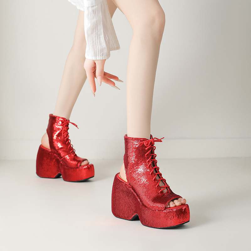 Krazing Pot Sequin Cloth Spring Summer Size 43 Size 42 Women Platform Women Peep Toe Toe Sexy Summer Boots Lace Up Pumps
