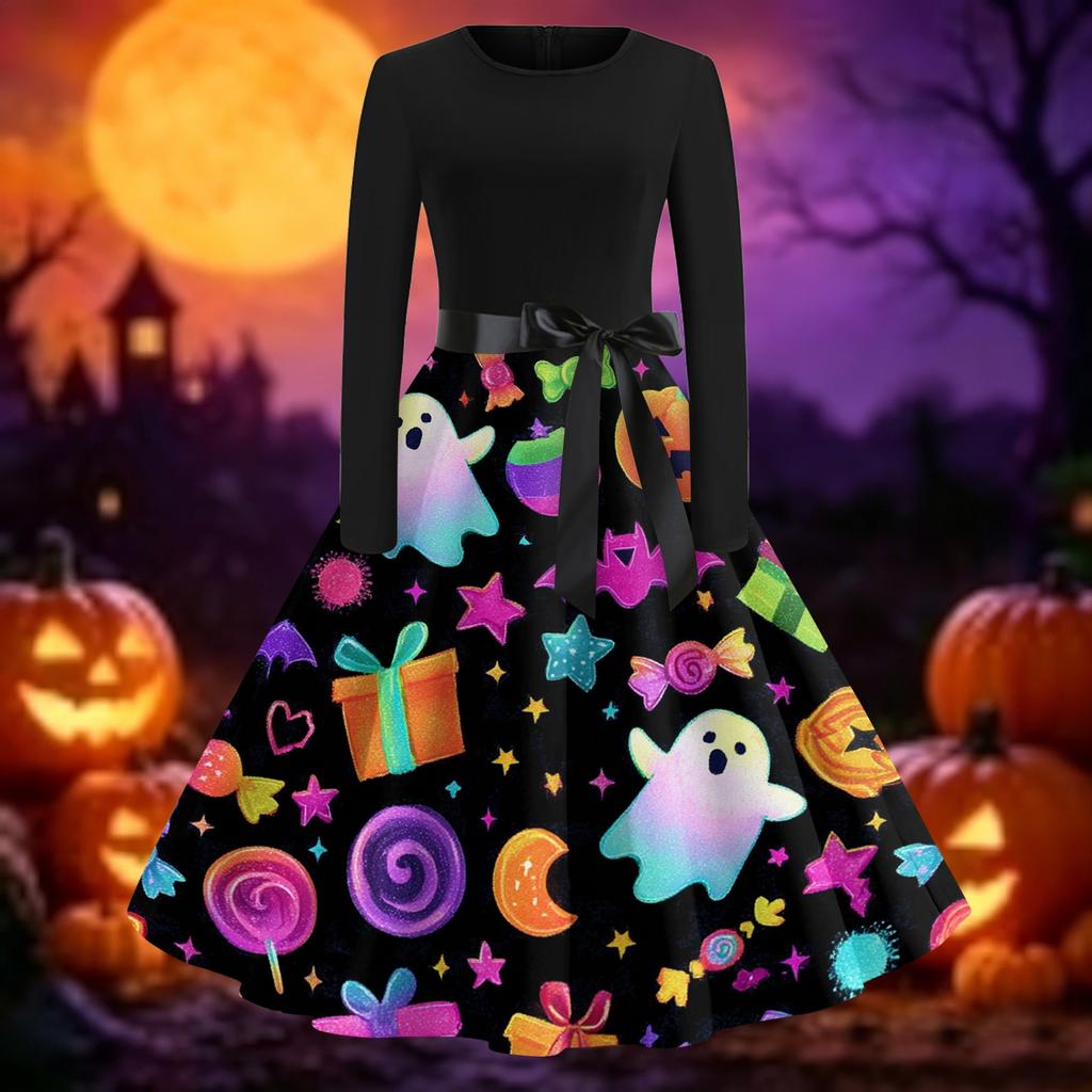 Women's Halloween Print Long Sleeve Round Neck Slim Fit Swing Casual Dress