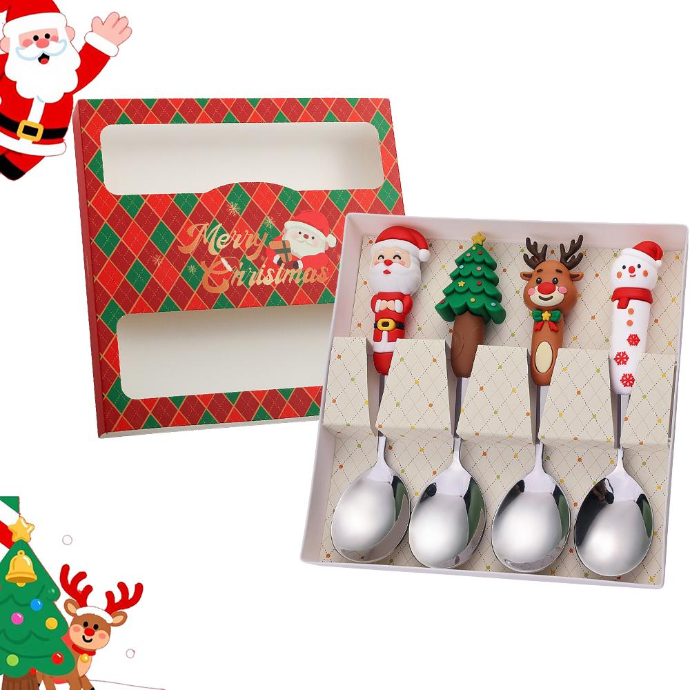 4Pcs/Set Christmas Spoon and Fork Set Stainless Steel Creative Tableware Coffee Tea Dessert Spoon and Fork Exquisite Gift Set