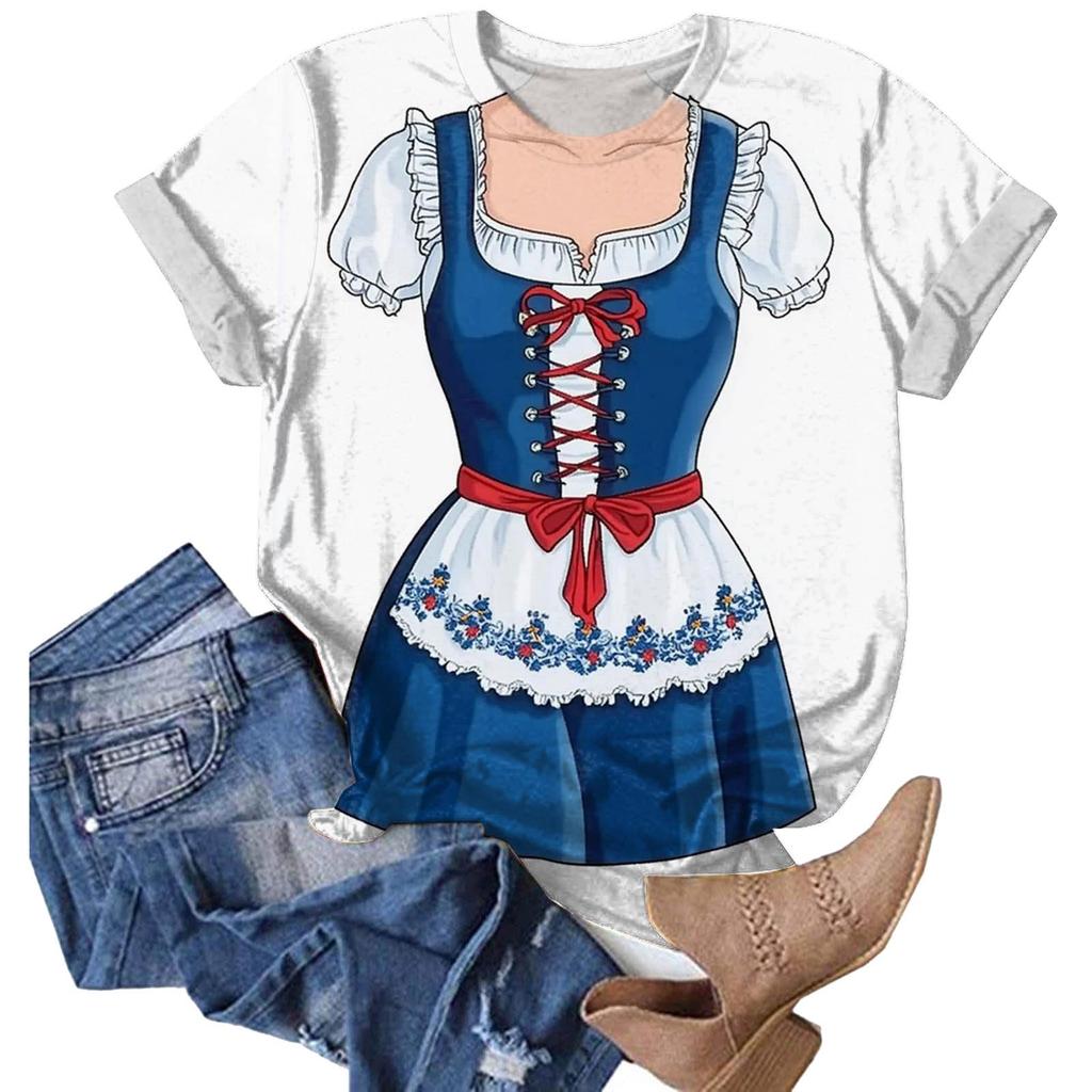 Women's Casual Pullover T Shirt Short Sleeve Round Neck Tee Top Oktoberfest Print Graphic Shirt