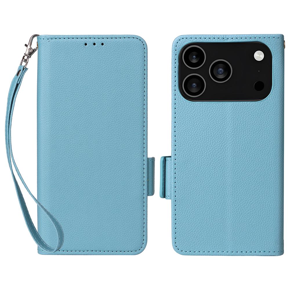 For iPhone 17 Pro Case with Wrist Strap Litchi Texture PU Leather Wallet Phone Cover