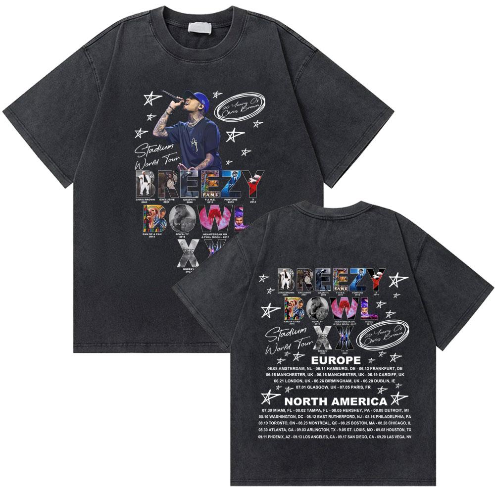 Washed Rapper Chris Brown Breezy Bowl XX World Tour Tshirts Men Women Hip Hop Retro Tshirt Mens Fashion Trend Streetwear
