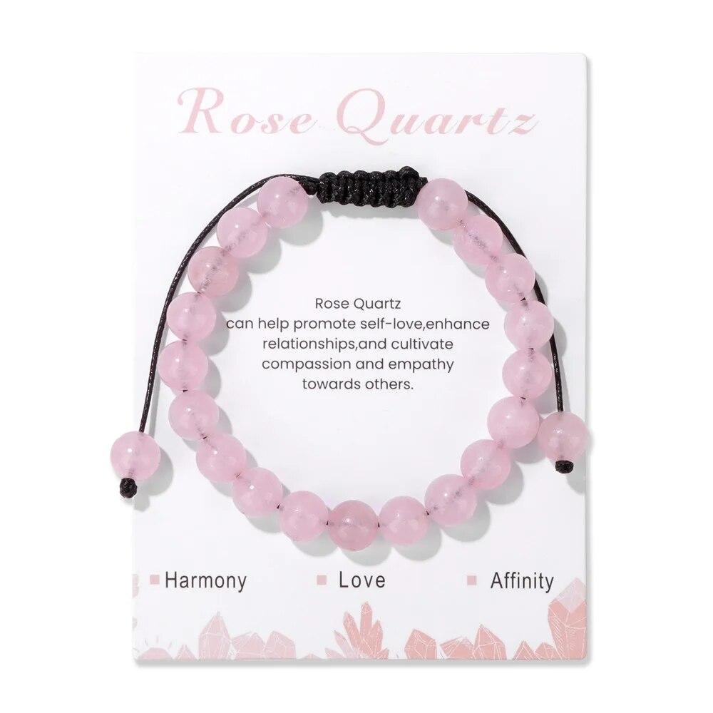 New Natural Stone Amethysts Bracelet with Card 8mm Pink Quartz Fluorite Beads Bracelet Adjustable for Women Men Couple Jewelry