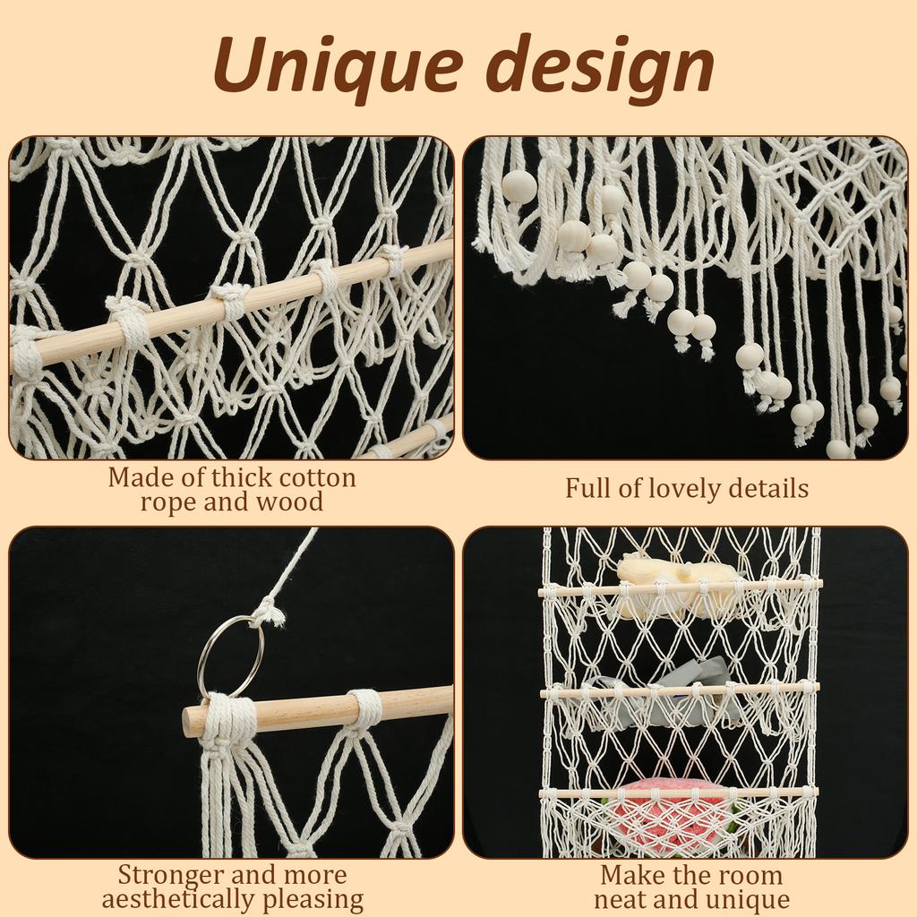 Stuffed Toy Storage Hammock 3-Layer Macrame Storage Net Washable Large Capacity Mesh Plush Toy Storage for Kindergarten Playroom