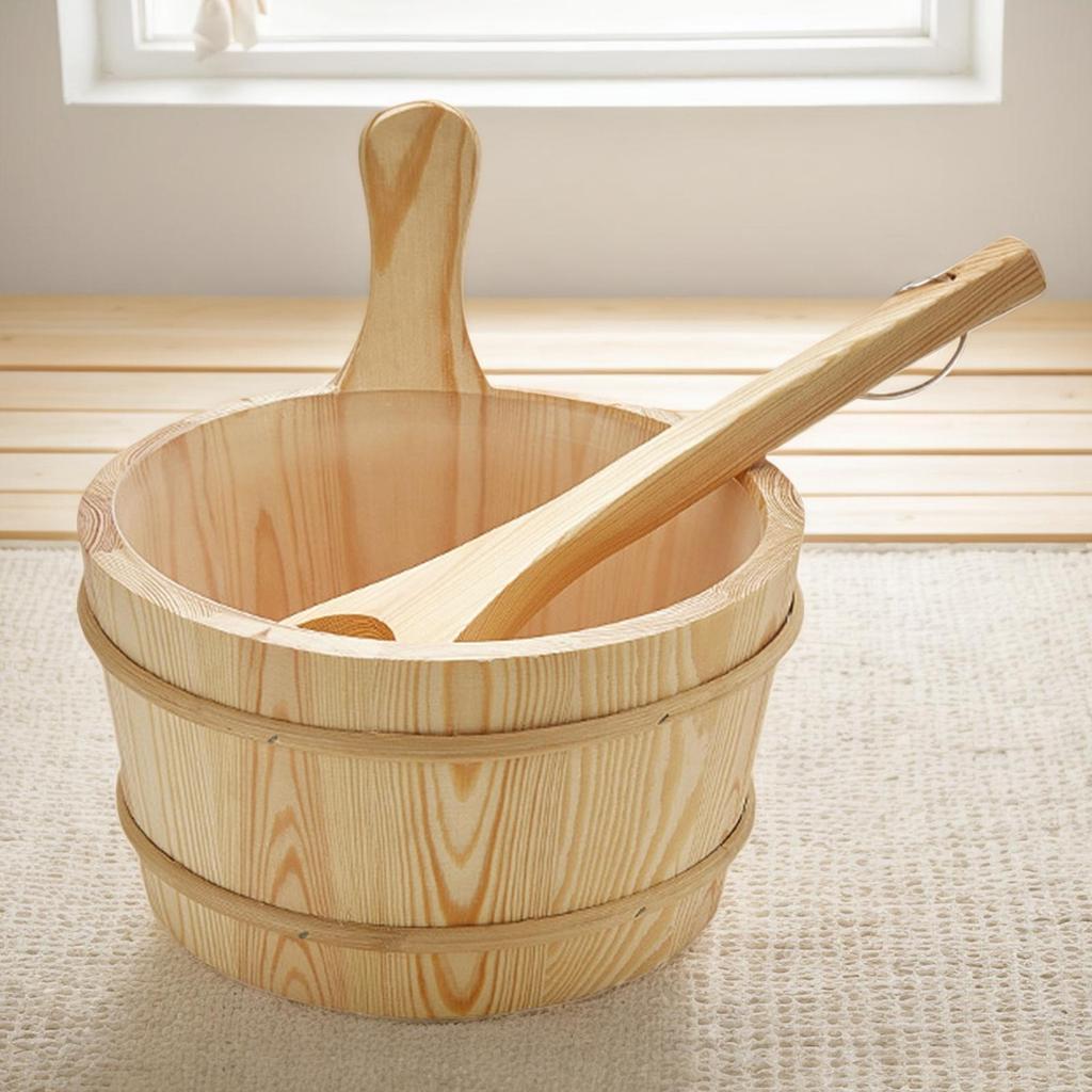 4L Wooden Sauna Barrel with Spoon Portable Sauna Room Steaming Bathroom SPA Accessory Tools Sauna Bucket and Ladle Set