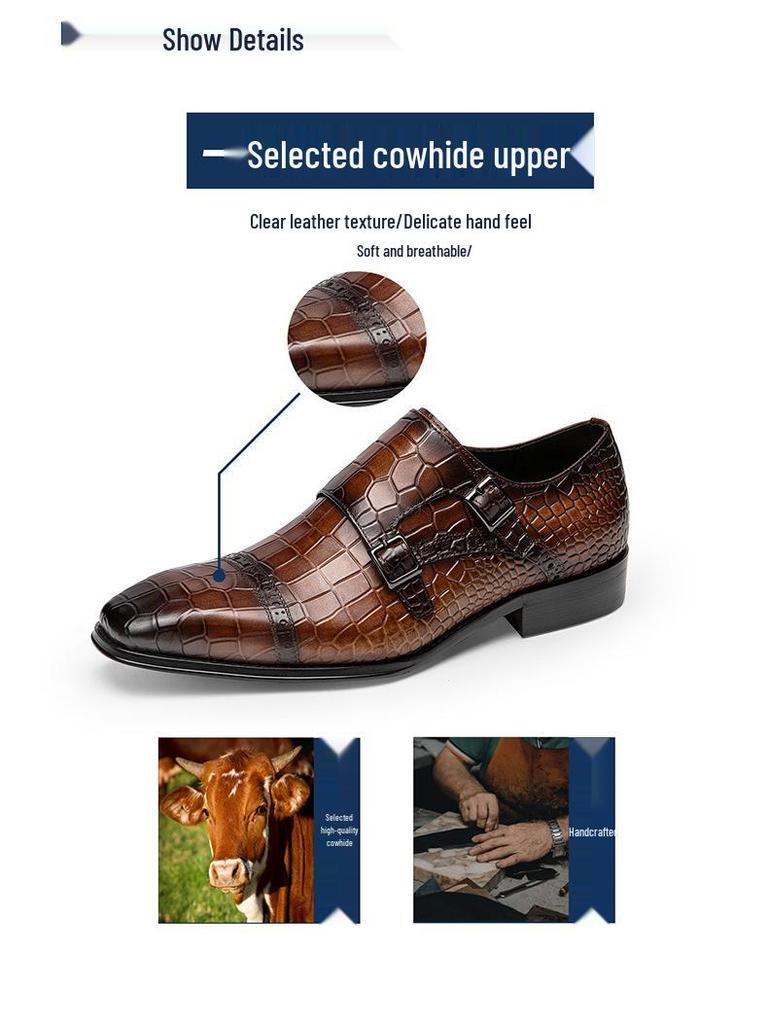 Men's Genuine Leather Slip-On Monk Shoes - Square Toe Business Casual