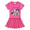 Girls' Cartoon Color Block Raglan Dress with Pleated Ruffle Skirt