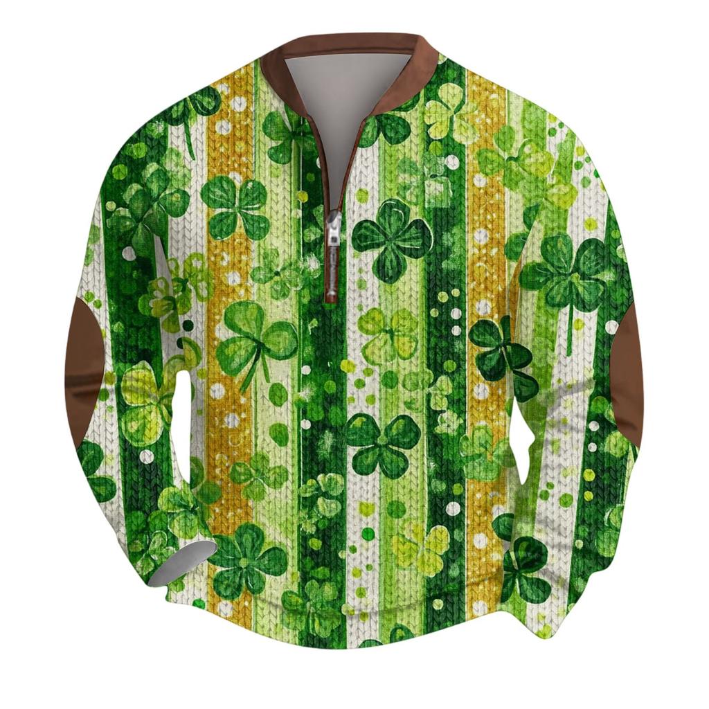 Mens Christmas Sweater Zip Up Sweatshirts Vintage Knit Graphic Sweatshirt St. Patrick's Day Stand Collar Pullover