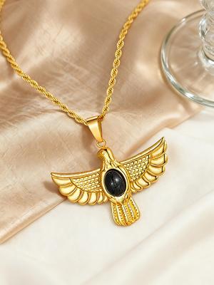 Retro Punk Egyptian Eagle Necklace Women Stainless Steel Black Onyx Stone Horus Falcon Pendant Vintage Hip Hop Jewelry