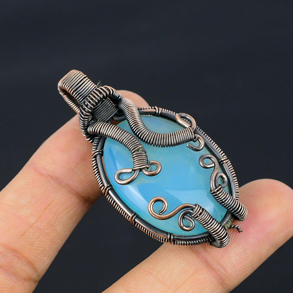 Blauer Chalcedon 999 Kupferdraht umwickelter Anhänger, Handgefertigter Edelsteinanhänger Schmuck, Geschenke für Ehefrau Brandneuer Anhänger