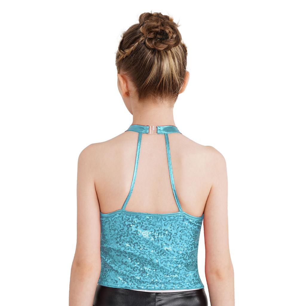 Girls Performance Top Halter Neck Sleeveless Backless Sparkling Sequin Crop Top Gymnastics Dance Wear