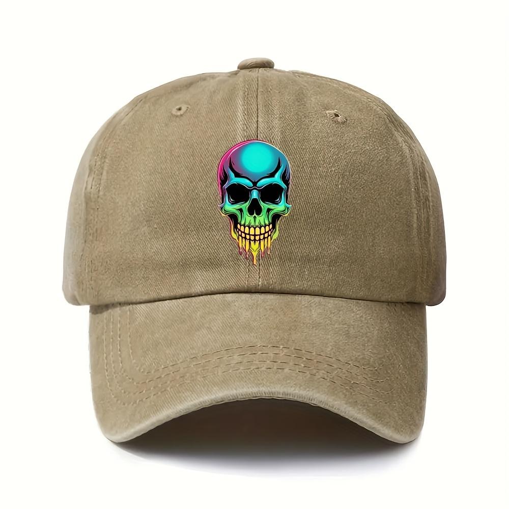 Neon Skull Print Baseball Cap Washed Denim Style Adjustable Streetwear Fashion Outdoor Casual Hat