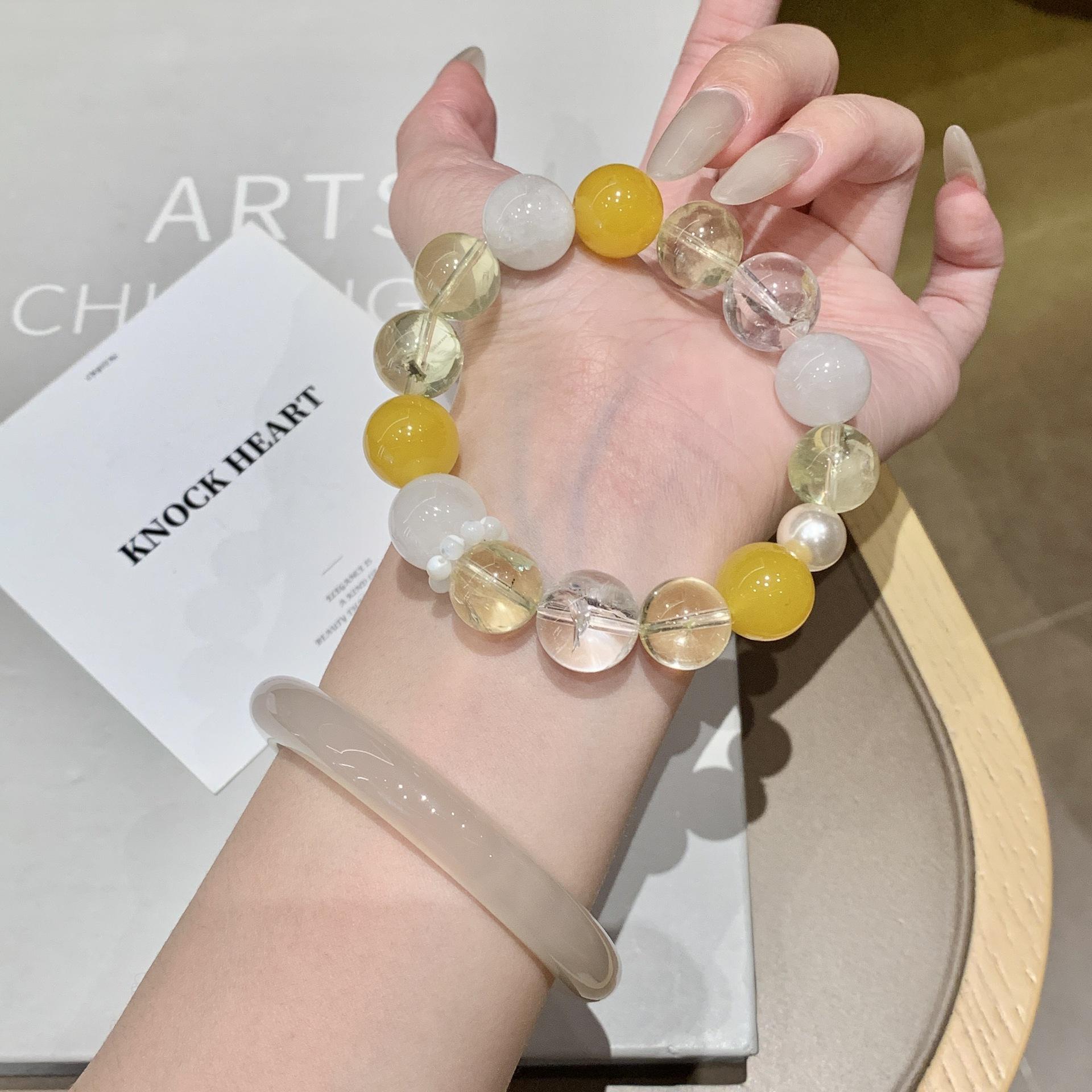 Natural White Crystal and Yellow Agate Beaded Bracelet with Butterfly Design 16cm