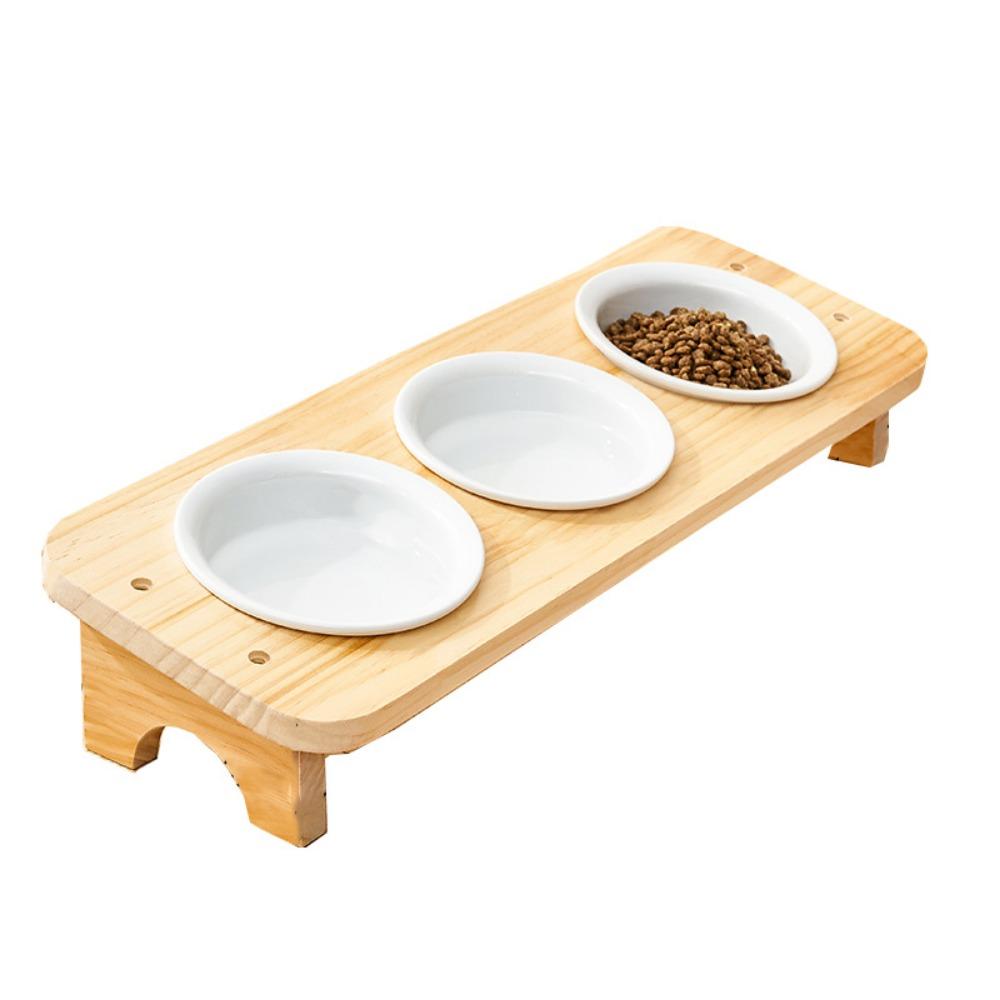 Protect Cervical Spine Elevated Pet Feeder with Wood Stand Tilted Cat Dish Ceramic Cats Bowl  Water