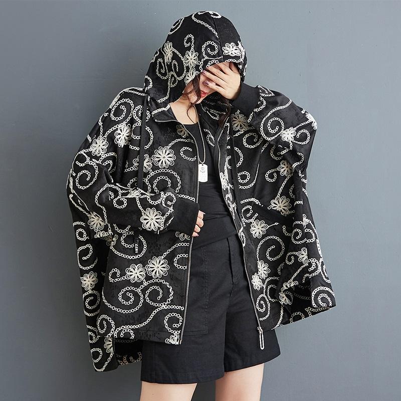 Langarm plus Größe schwarz mit Kapuze Vintage Blumen lässig lose Herbst Frühling Jacke Mantel Frauen Tops