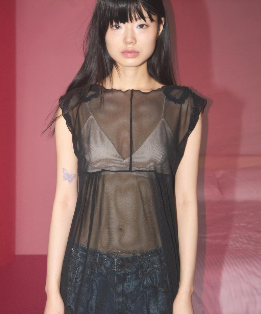 NOFFICIALNOFFICE Sheer Mesh Ribbon Dress Black