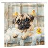 "Cute Pug Dog in Bathtub Shower Curtain - Rubber Ducks, Bubble Foam & Whimsical Pet Art for Fun Bathroom Decor"